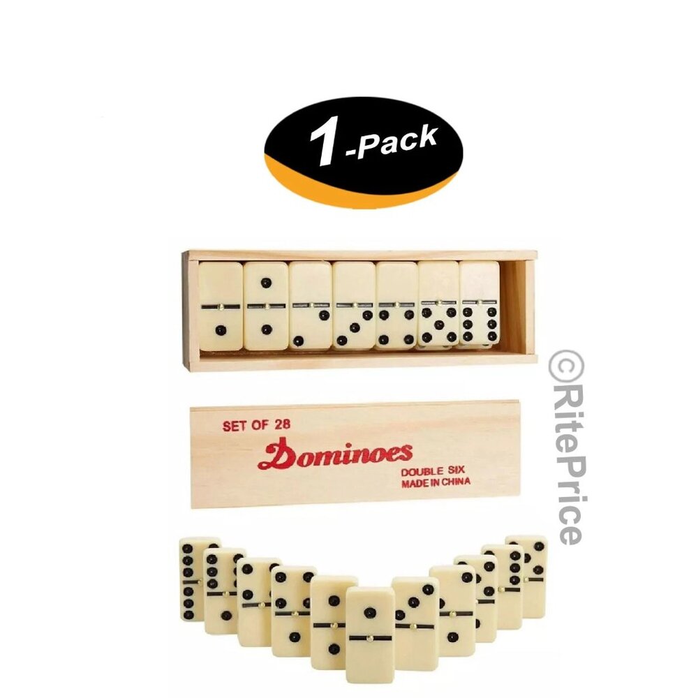 Premium Set of 28 Double Six Dominoes Wood Case Center Golden Pins for Easy Flip